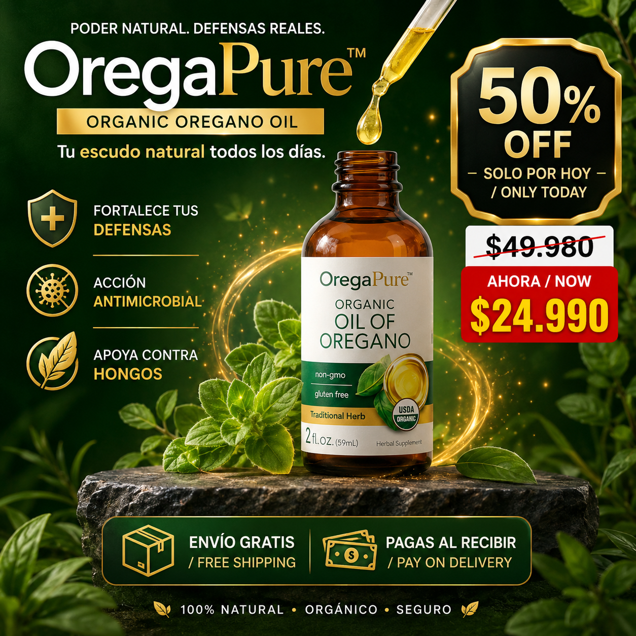 OregaPure™ — Aceite de Orégano Orgánico · Defensa Inmunológica Natural · Acción Antimicrobiana y Antifúngica · Sin GMO · Sin Gluten · 59 ml