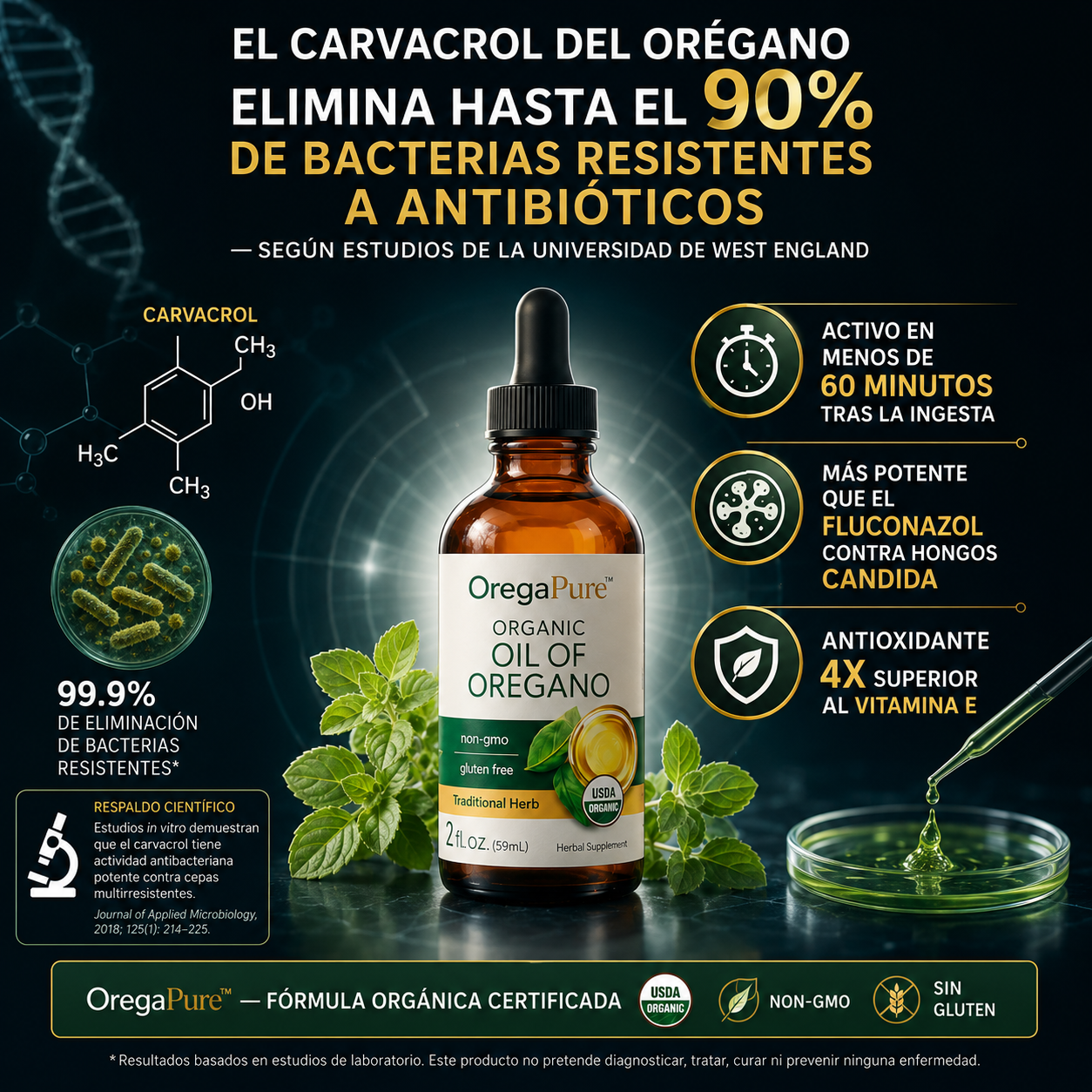 OregaPure™ — Aceite de Orégano Orgánico · Defensa Inmunológica Natural · Acción Antimicrobiana y Antifúngica · Sin GMO · Sin Gluten · 59 ml