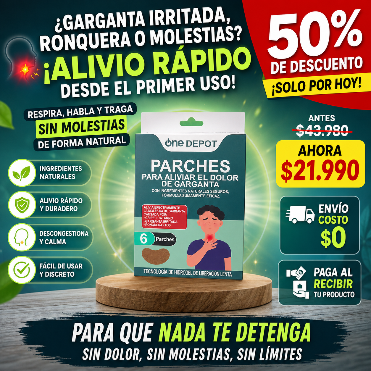 Parches Descongestionantes para Garganta Irritada, Ronquera y Molestias