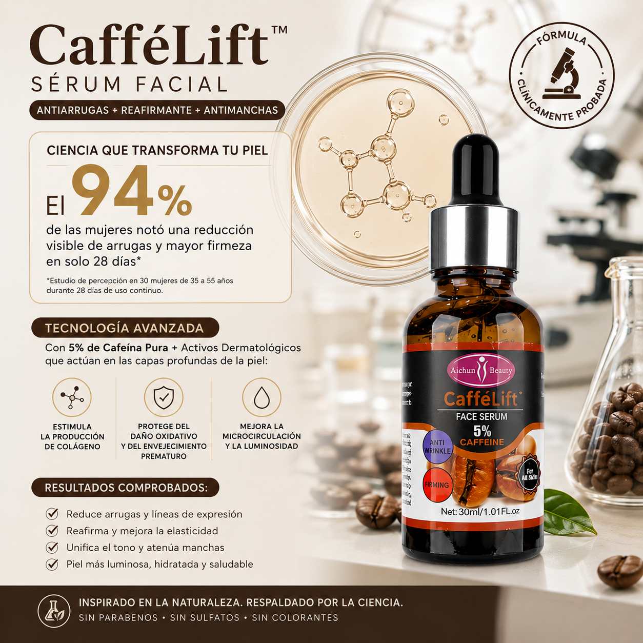 CafféLift™ — Sérum Facial Antiarrugas + Reafirmante + Antimanchas