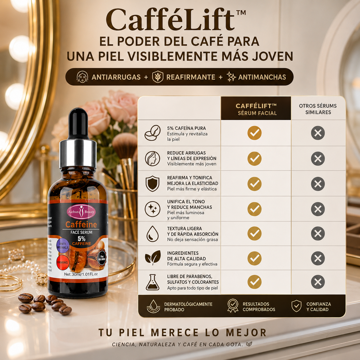 CafféLift™ — Sérum Facial Antiarrugas + Reafirmante + Antimanchas